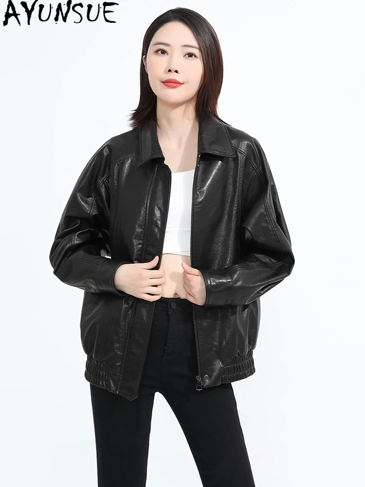 AYUNSUE 100% Genuine Cowhide Leather Jacket Woman 2025 Autumn Vintage Waxed Leather Jackets Woman Clothes High Quality 가죽자켓 여성