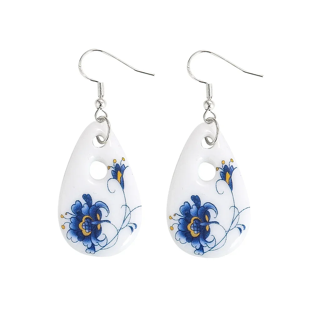 1 Pair of Blue White Ceramics Flowers Water Drop Earring Retro Porcelain Enamel Pendant Hoop Dangle Earrings Women\'s Jewelry