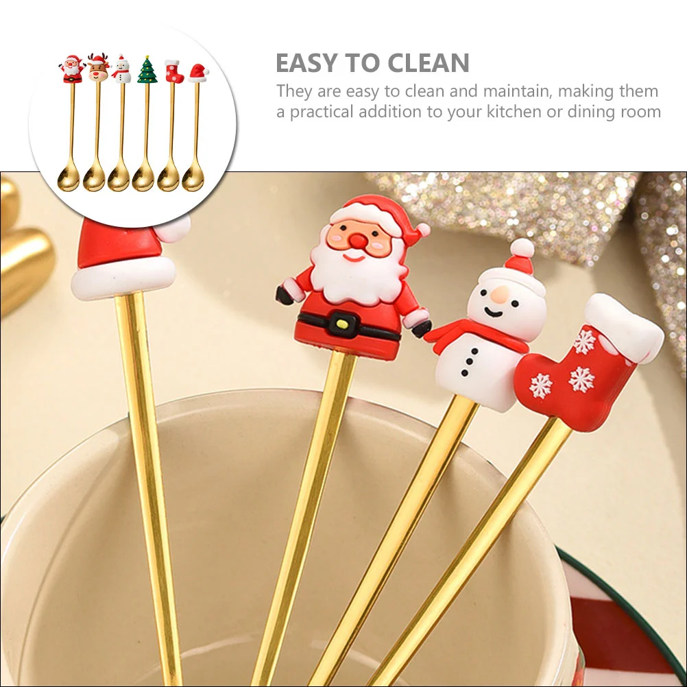 Beverage Spoon Christmas Stainless Steel Tableware Dessert Coffee (Christmas Golden Six-piece Set-red Box) Home Spoons