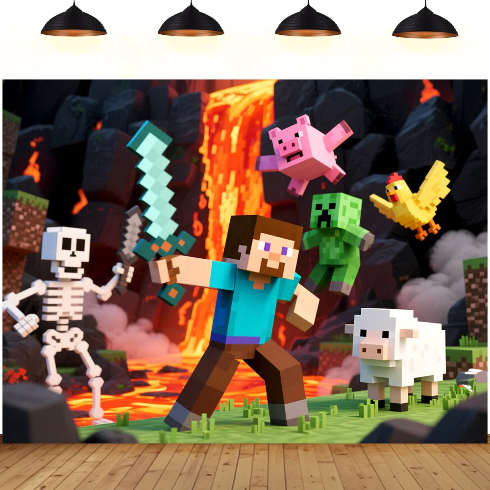 

Minecraft game backdrop Fantasy World Lava Kingdom pixel block birthday party background Photography booth