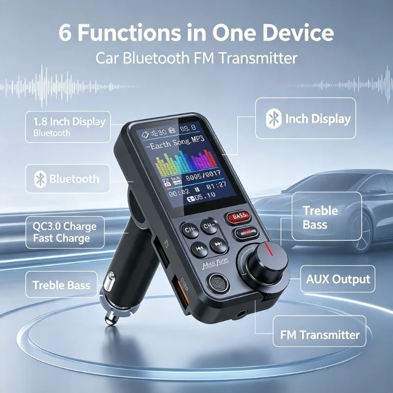 1.8‑inch In‑car Audio Transmitter, QC3.0 Charging For Highway Commute Frequency‑locked Bluetooth FM Output