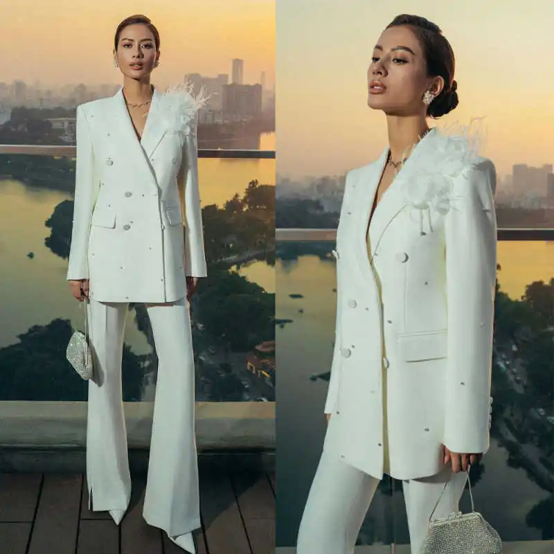 

White Feather & Pearl Embellished Double Breasted Blazer Flare Pants Suit Custom Plus Size M263535