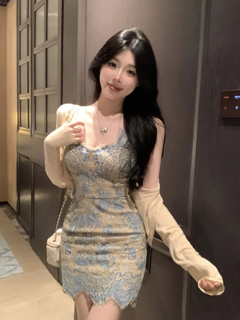 Sexy Lace Strap Dr Women's Summer Tight Inner Wear ort Skirt U-Ne Bodycon  Dr Korean Sle Commute Faion