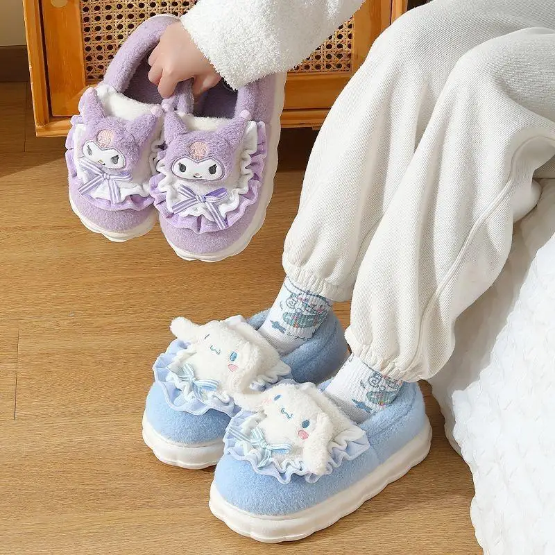 Sanrio Hello Kitty Anime Cotton Slippers Kawaii Girl Heeled Cotton Shoes Keep Warm Thick Sole Leisure Good Looks Anti-Slip Gift