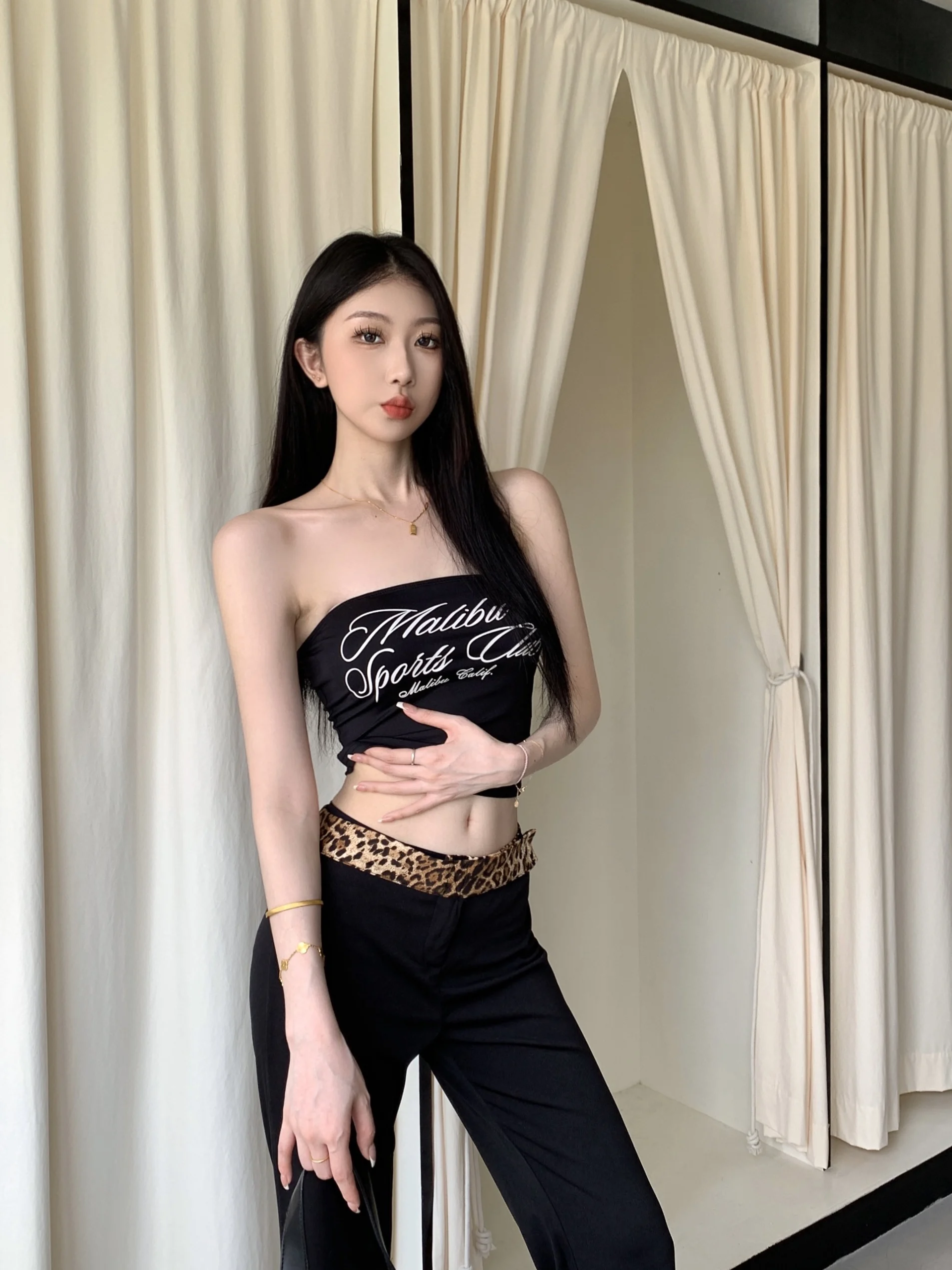 Alphabet Printed Sleeveless Strapless Vest For Women 2024 Summer Sexy Slim Fitting Leopard Print Black High Waist Wide Leg Pants