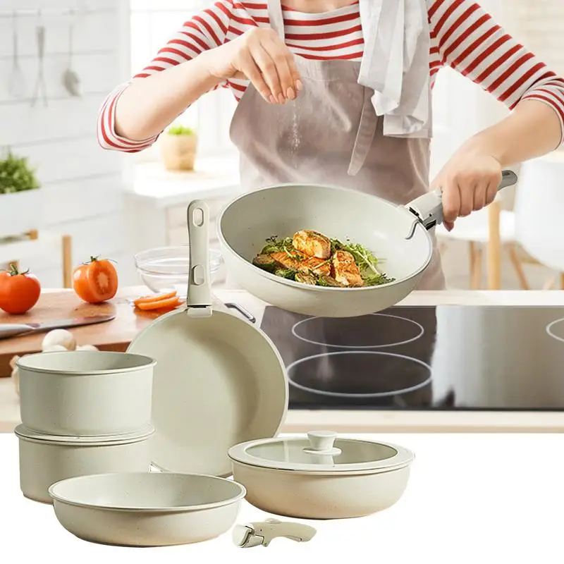 

Induction Cookware Sets Cooking Pot & Pans For Cooking Nonstick Cream White Detachable Handle For Cookingfrying Pans Cooking Pot