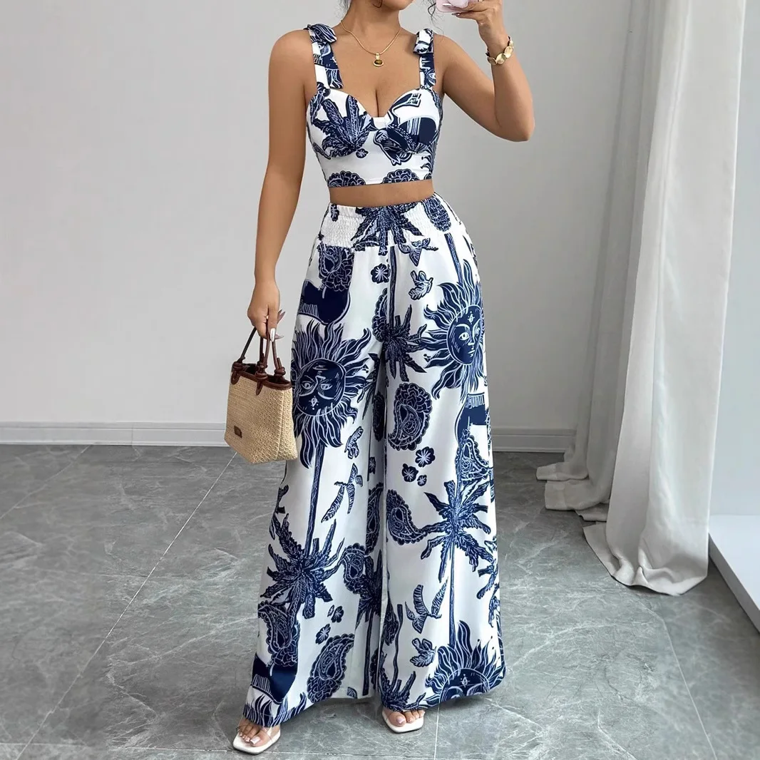 Women's Two-piece Set Summer New Casual Suit Sexy Suspender Short Navel Top Fashion Print Loose Wide-leg Pants 2-piece Set Women