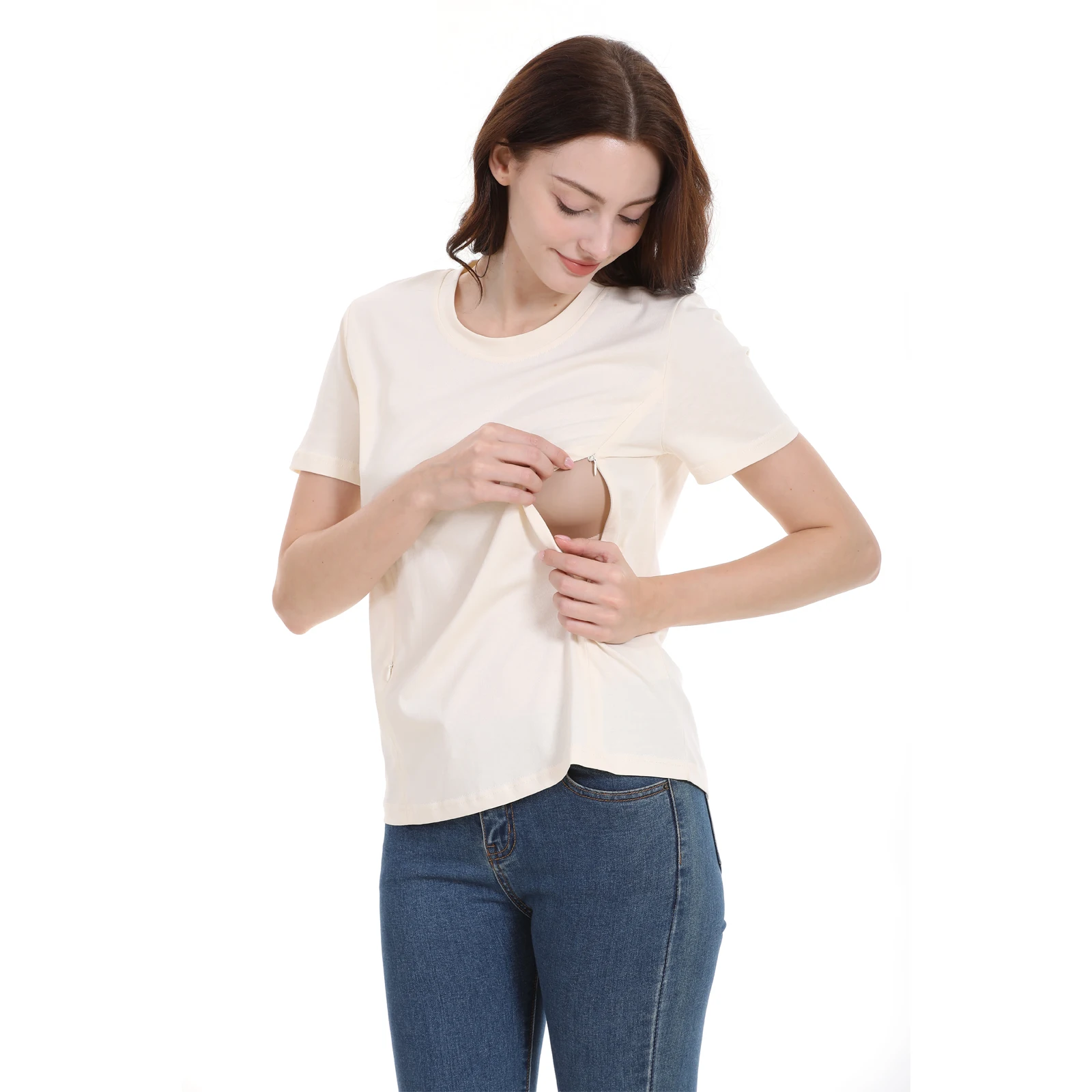 Plus Size Round Neck Short Sleeve Maternity Nursing T-shirt Stretchy Loose Fit Hidden Breastfeeding Opening Summer Casual Top