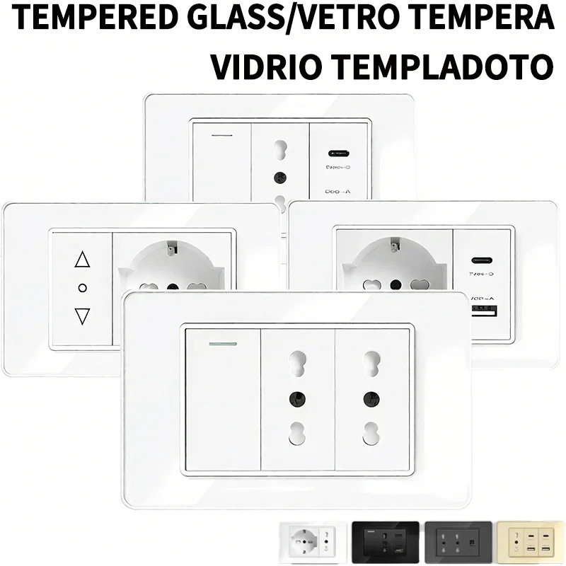 

​​118x75mm Slim Wall Outlet Italy/Chile Schuko Dual Socket - 20W USB-C Fast Charging & Shatterproof Tempered Glass Surface​