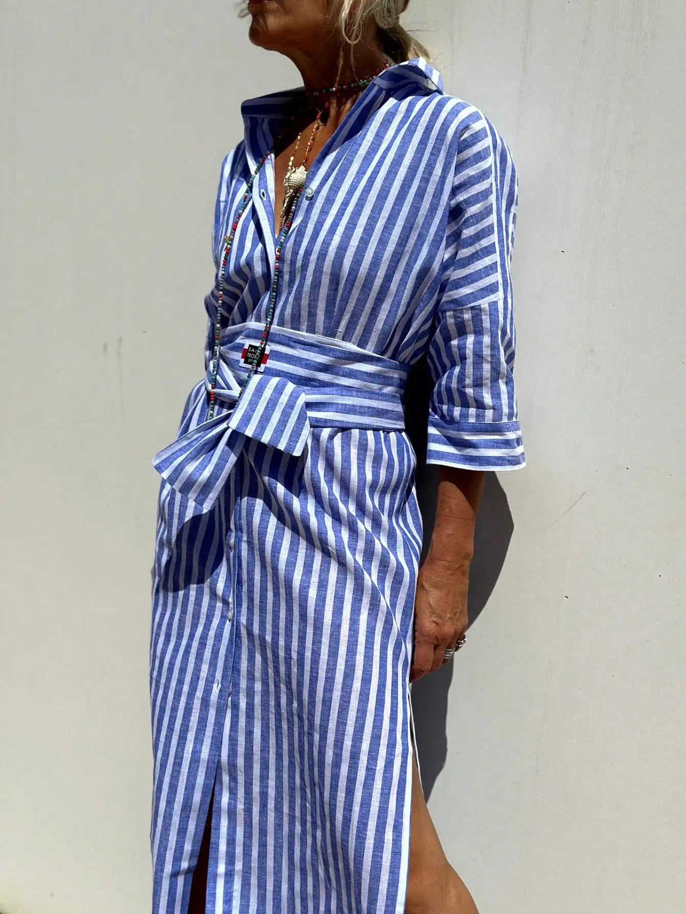 

Women's Blue and White Striped Button-Front Shirt Dress with Tie Waist