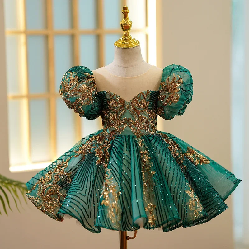 

Kids Luxury Party Green Gold Dresses for Girls Size 3 To 14 Years Birthday Photo Shoot Gown Evening Formal Lace Dress Prom Frock