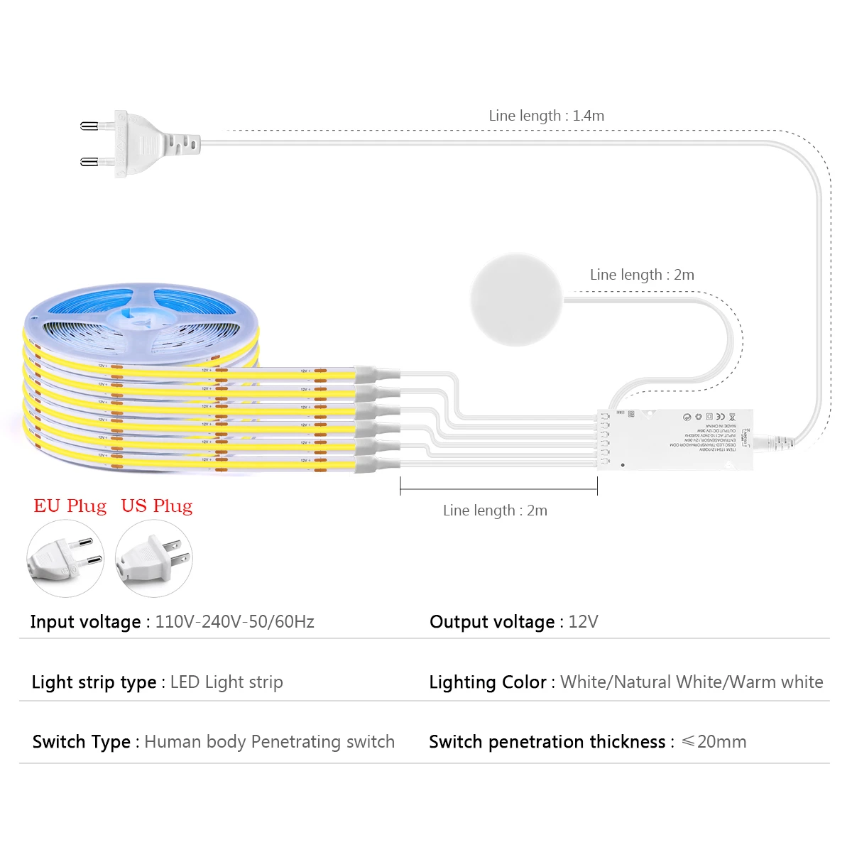 1-6pcs DC12V COB Led Strip Parallel Lights Smart Motion Sensor Under Cabinet Backlight Lamp Penetrable Wood Induction Switch