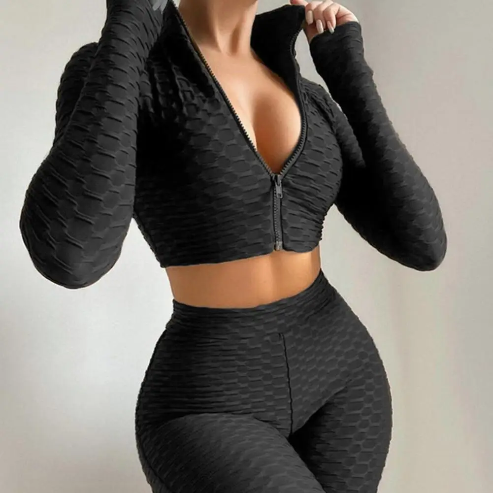 

Two Piece Set Lady Tracksuit Sexy Long Sleeve Crop Top Skinny Textured Sport Outfits Stand Collar Sweat Suit for Running Yoga