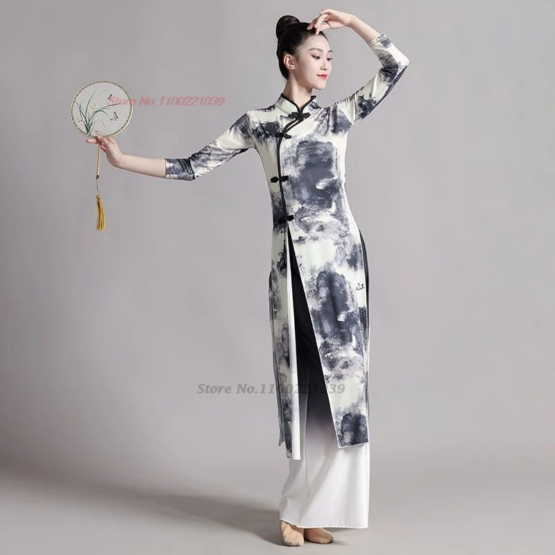 2025 vestito da ballo vintage cinese tradizionale popolare qipao fiore nazionale stampa qipao vestito + pantaloni set costume performance sul palco