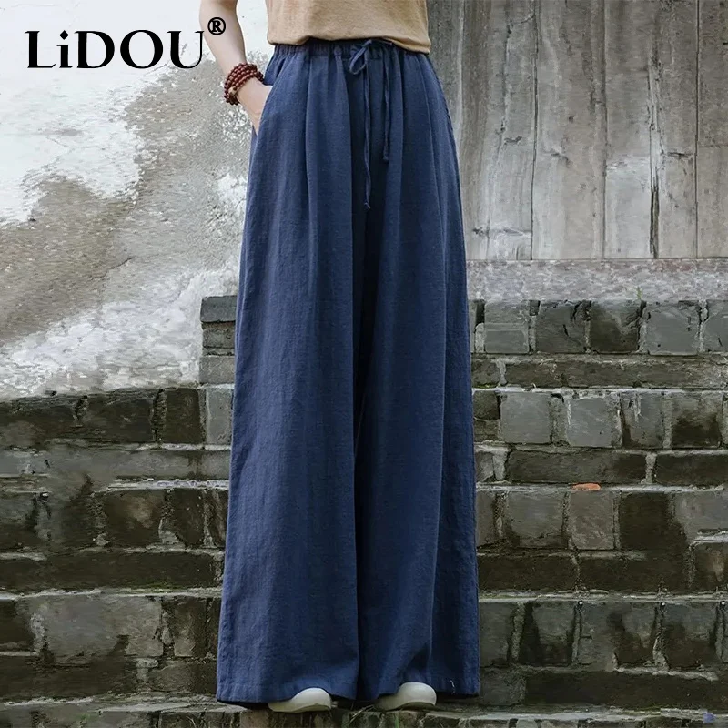 Spring Summer Loose Casual Cotton Line Wide Leg Pants Women Elastic Waist Solid Color Vintage All-match Straight Trousers Female