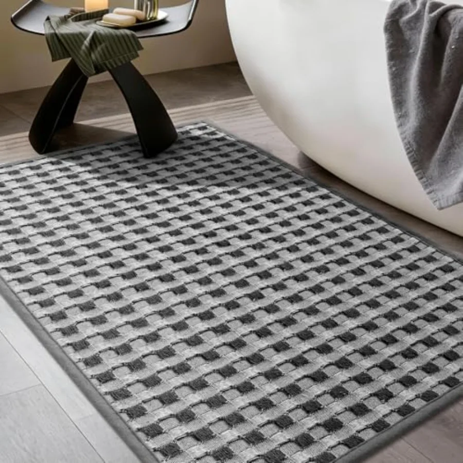 Bathroom Rugs 16" x 24", Ultra Thin Checkered Weave Bath Mat - Soft Absorbent Quick Dry Bath Mat, Machine Washable Non Slip Bat
