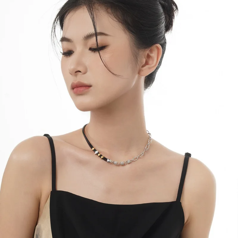 Leather Rope Necklace Two-Tone Arabesque, S925 Sterling Silver Short Collarbone Chain
