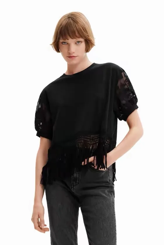 

Foreign trade Spain original single D lace bubble sleeve round neck loose short sleeved T-shirt summer breathable