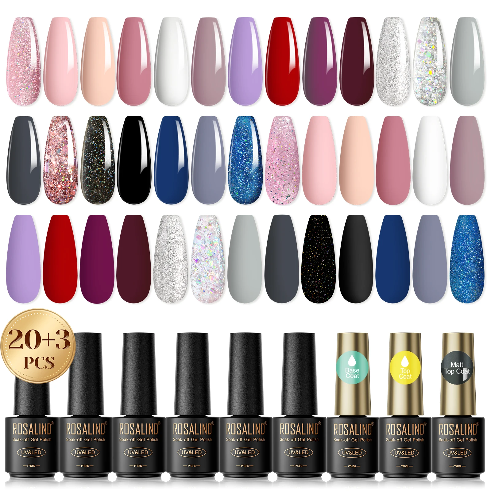 

ROSALIND Pure Colors Nail Gel Nail Polish Kit - 20 Colors with Base Top Coat Hybrid Semi Permanent Gel Varnishes for Starter