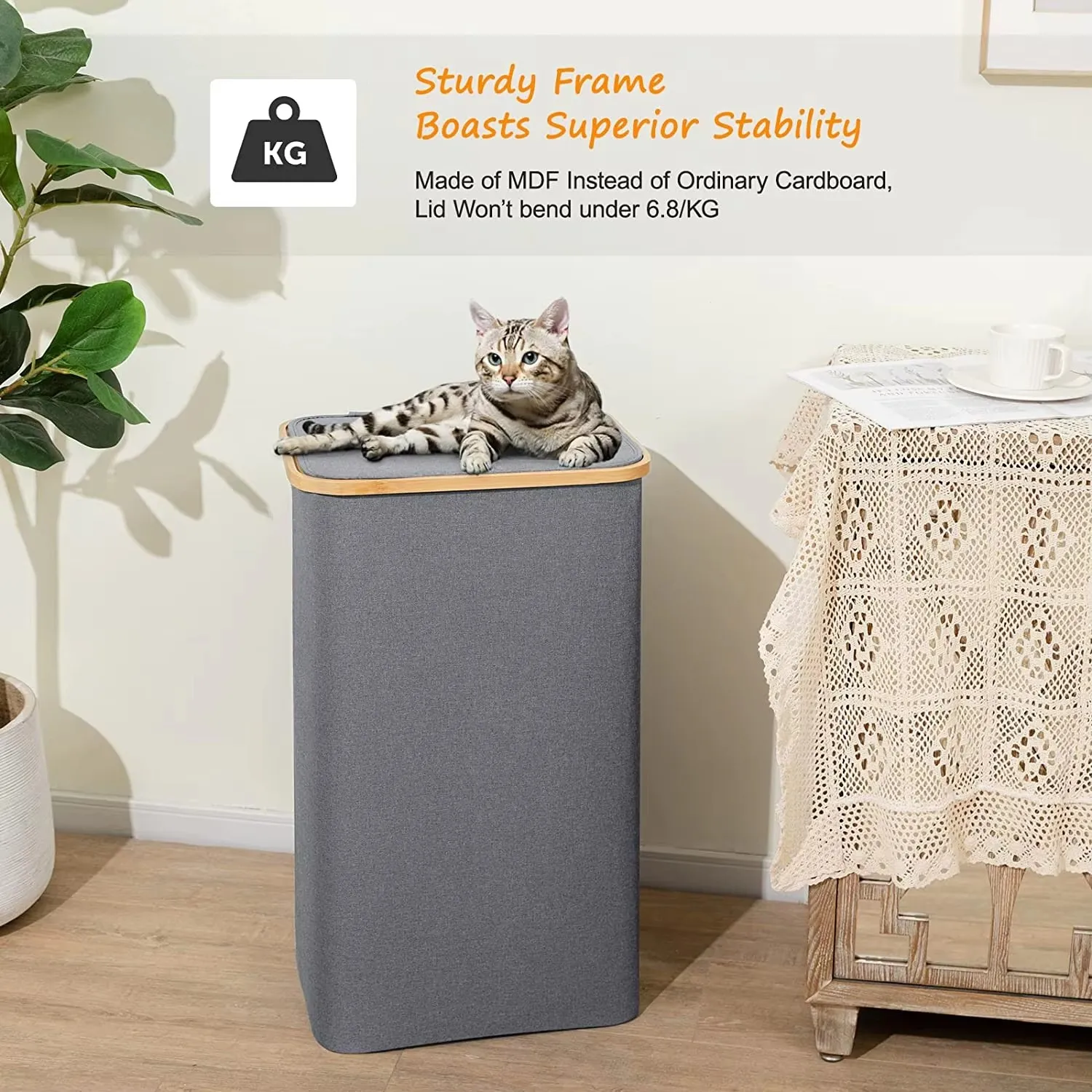 Laundry Basket with Lid and Removable Bag, 100L Tall Laundry Hamper with Bamboo Handles, Dirty Clothes Bin for Laundry Room 3
