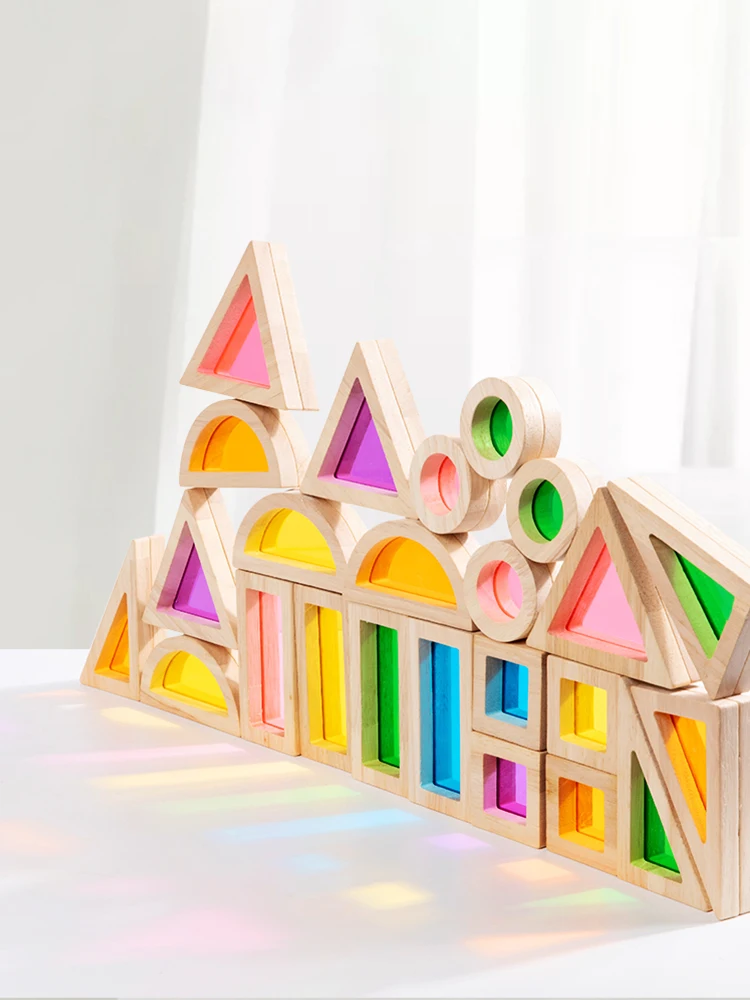 مكعبات بناء خشبية شفافة من الأكريليك بألوان قوس قزح كبيرة الحجم للتعليم المبكر وألعاب مونتيسوري التعليمية #1