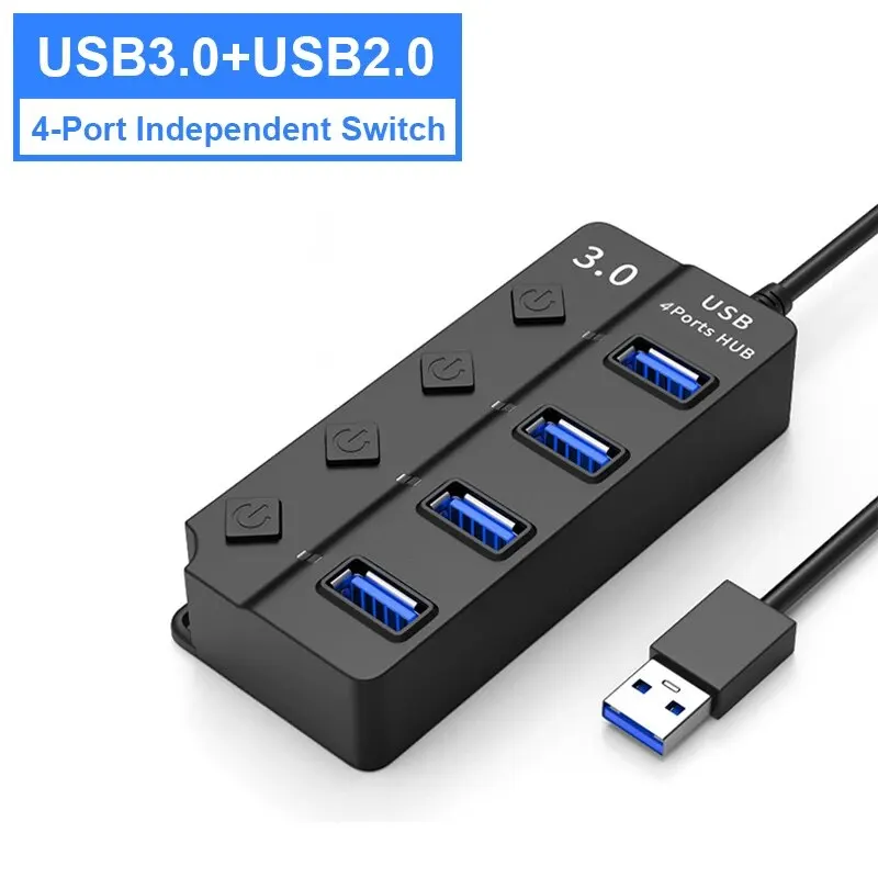 4-in-1 USB 3.0 Hub Splitter Multi-Port Adapter with Independent Power Switch 30CM Cable for USB 2.0 Extender
