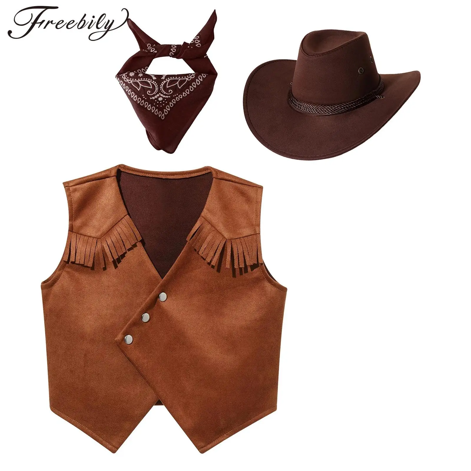 Cowboy Cowgirl Costume Fringe Vest Waistcoat with Bandanna and Hat Set Western Cowboy Tops Carnival Halloween Cosplay Dress Up