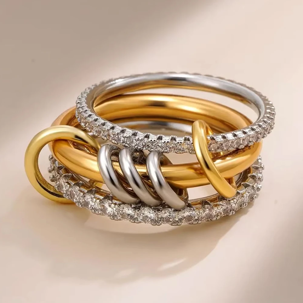 YILUOCD Gilded Stainless Steel Stackable Rings Set for Women Micro Pave 5A Cubic Zirconia Tarnish Dainty Ring Statement Jewelry