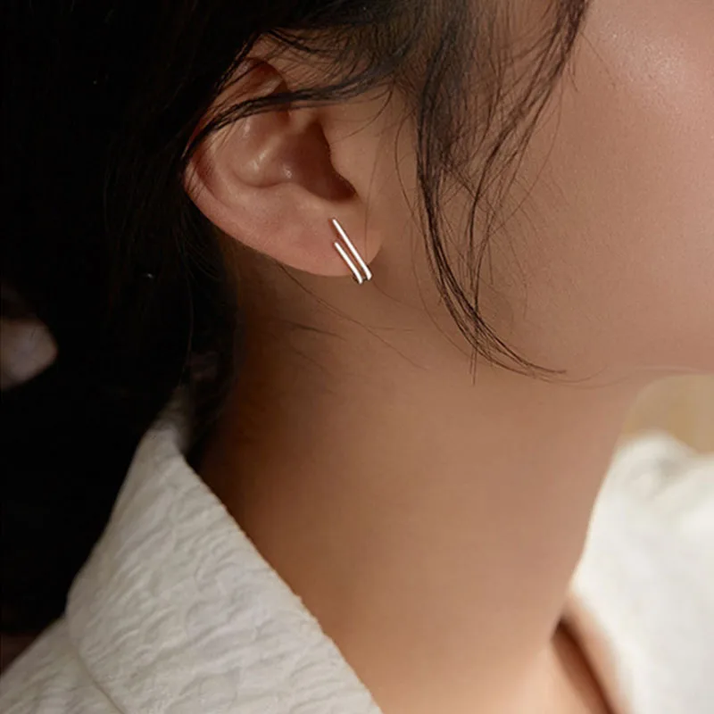 Silver New Double-layer Line Stud Earrings Female Fashion Temperament All-match Handmade Jewelry