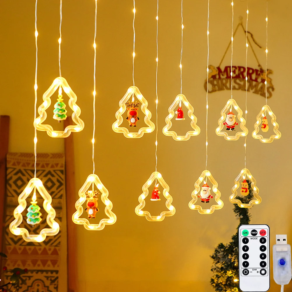 1set Christmas Trees Window Curtain Hanging Lights, Christmas LED String Lights USB with Remote Christmas Decorative Ring Lights