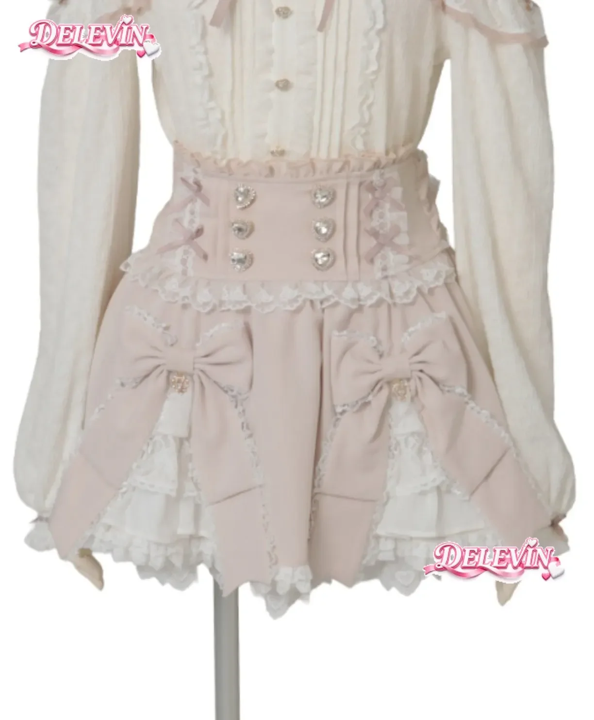 Japanese Liz Skirts Sweet Girl Heart Buckle Double Bow Lace Patchwork High-waisted Mini Skirts Kawaii Elegant Short Lolita Skirt