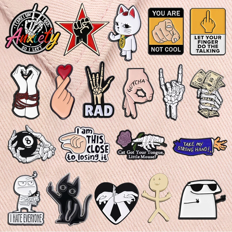 Funny Finger Gesture Enamel Pin Skeleton Hand RAD Hand Heart Gesture Middle Finger Sign Language Brooch Lapel Badge Jewelry Gift