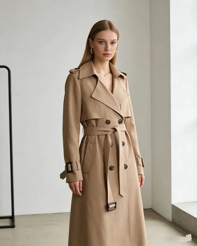 Damen-Trenchcoat mit Doppelreiher, lang, mit Gürtel, Reverskragen, Herbst-Winter, winddicht, klassische Oberbekleidung – Detail 4