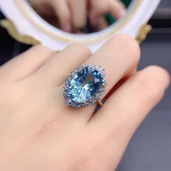 New arrival Egg Natural Large Carat Topaz Ring S925 Sterling Silver White Gold Ladies Blue Gemstone Ring 10x14mm