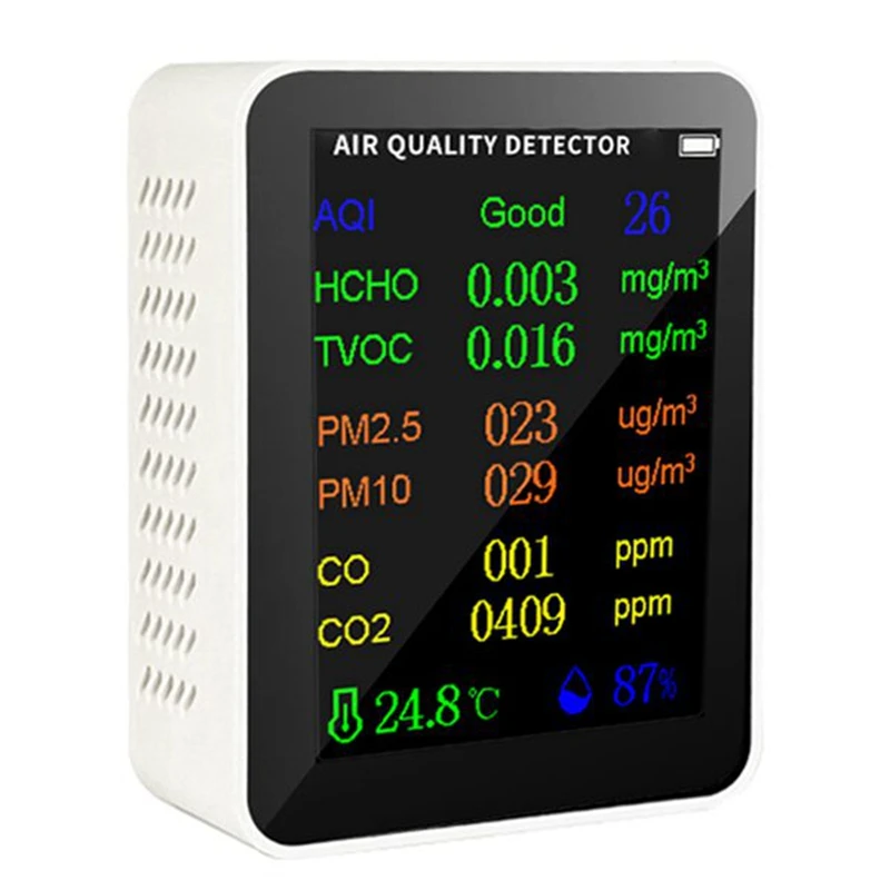 

9 in 1 Portable Air Quality Meter PM2.5 PM10 CO CO2 TVOC HCHO AQI Temperature Humidity Tester Color Screen, White