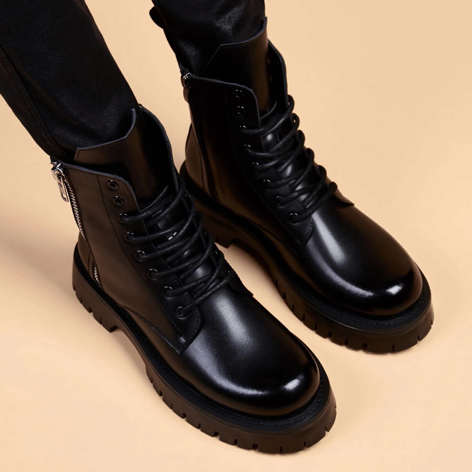 

Men combat boots Side zip shoes Lace up cowskin booties