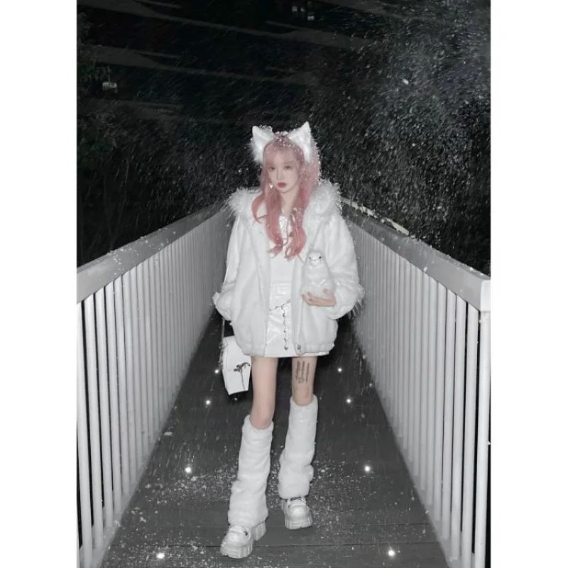 Elegant White Fur Hoodie Coat Women Autumn Winter New Jacket Y2k Long Sleeve Zipper Sweatshirts Thicked Warm Leg Warmer