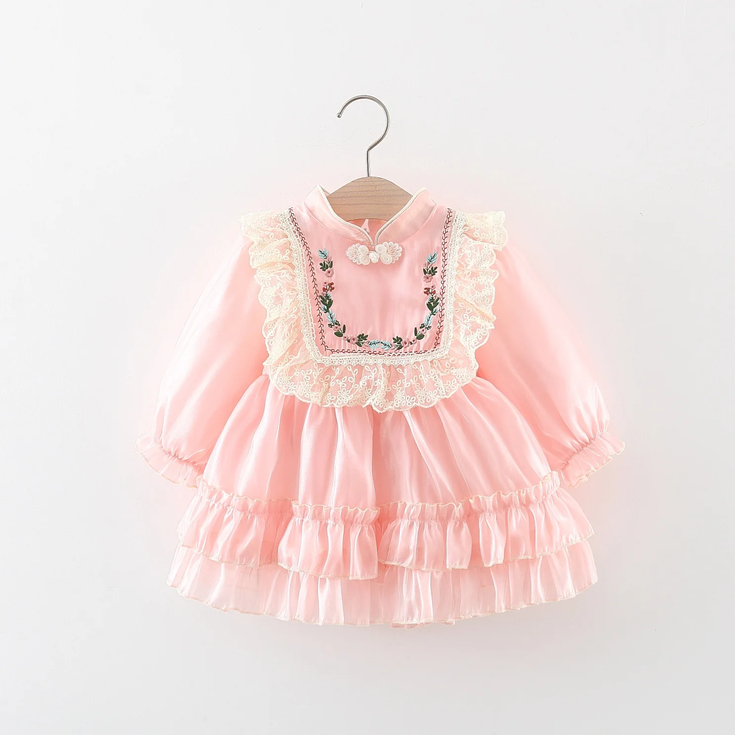 Spring and autumn girls long sleeved dresses baby girls embroidered button up stand up collar solid color lace princess skirt