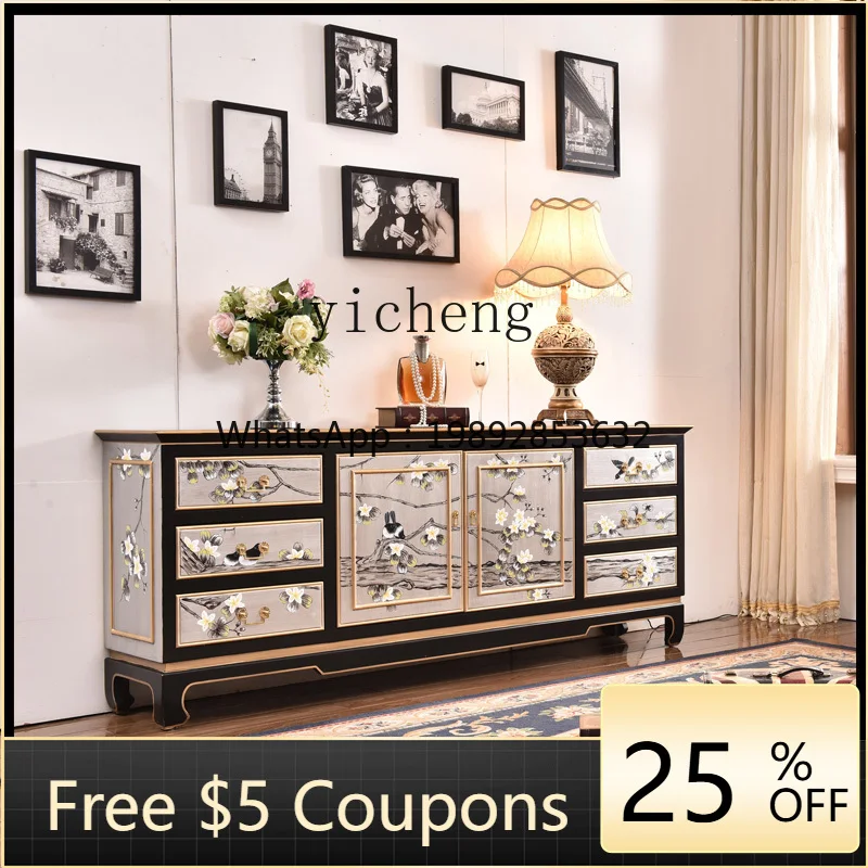 

XX hand-painted flower and bird living room floor cabinet entrance cabinet table decorative dining side cabinet