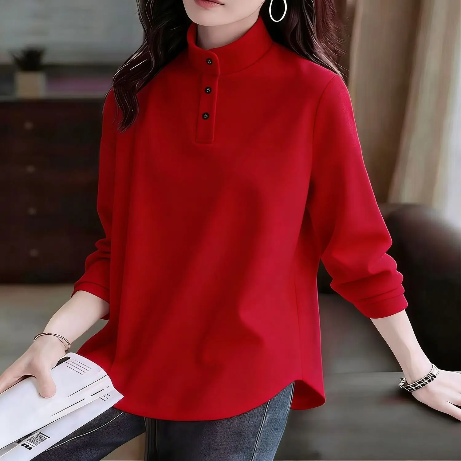 Red T-shirt Women's New Coat Spring Autumn 2026 Fashion Slim Pullover Ladies High Quality Stand-up Collar Female Tops
