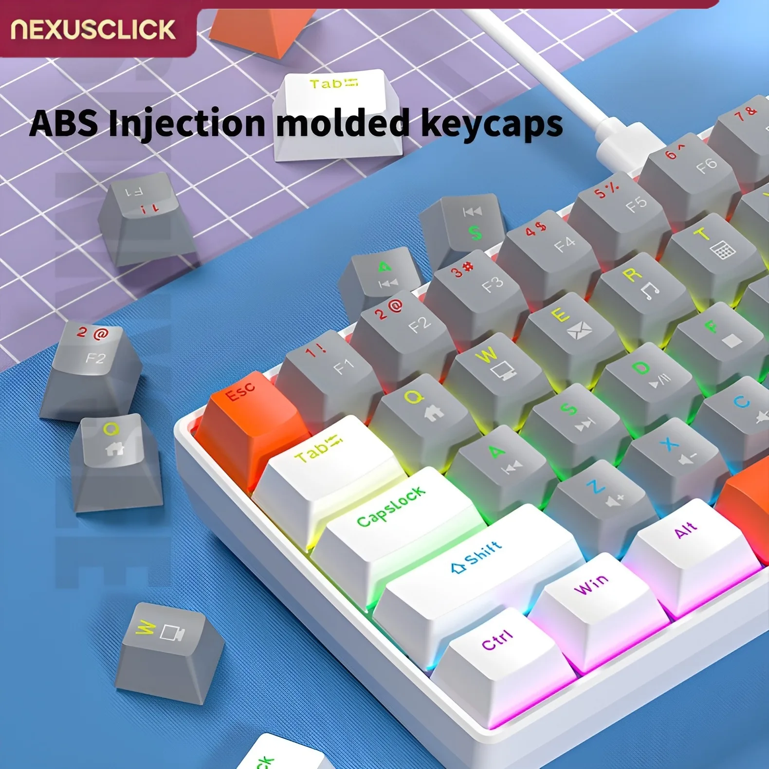 NexusClick 60% Compact Wired Mechanical Keyboard,Type‑C Plug‑Play RGB Backlit 10 Lighting Modes Keycaps Portable Gaming Keyboard