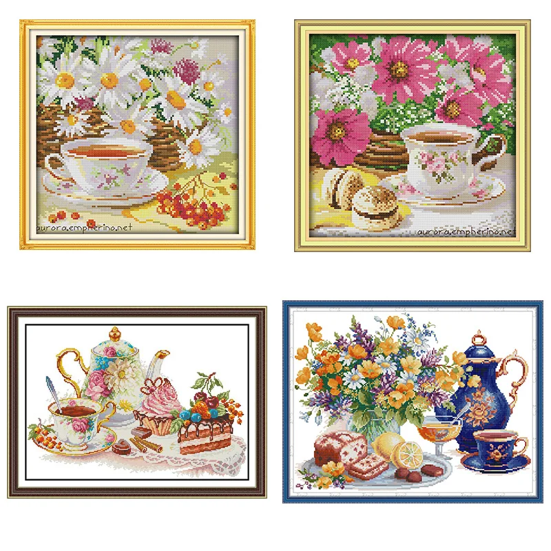 Flower Afternoon Tea Series Cross Stitch Kit Aida 14CT 11CT Canvas Fabric Needle Thread Sewing Set DIY Embroidery Kitchen Decor