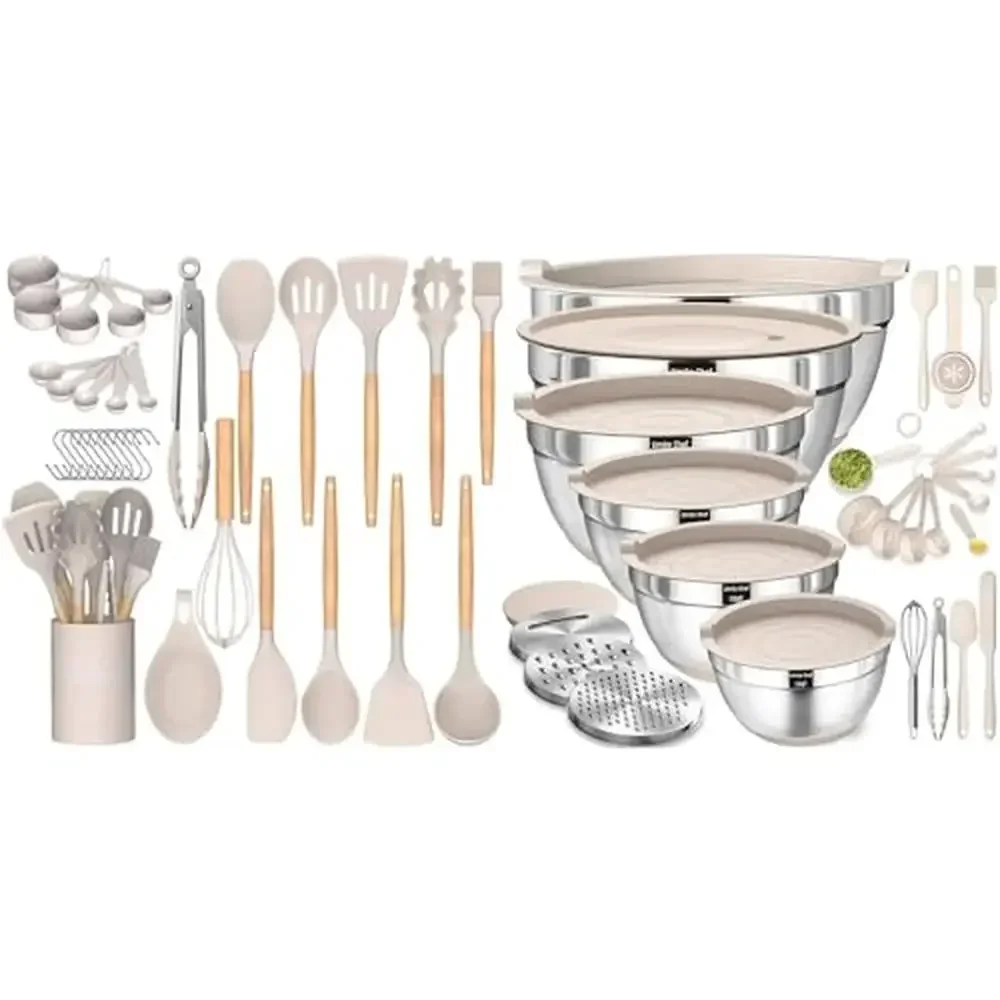 33-Piece Wooden Handle Silicone Kitchen Utensils Set with Airtight Lids and Grater Attachments Mix Bowls Non-Slip Mats Brush