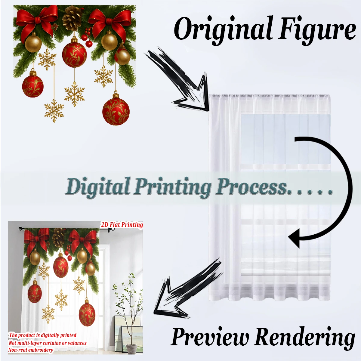 Christmas Flat Printing Sheer Curtain with Christmas Ball Snowflak Bow Pinecone for Living Room Bedroom Decor Holiday Party