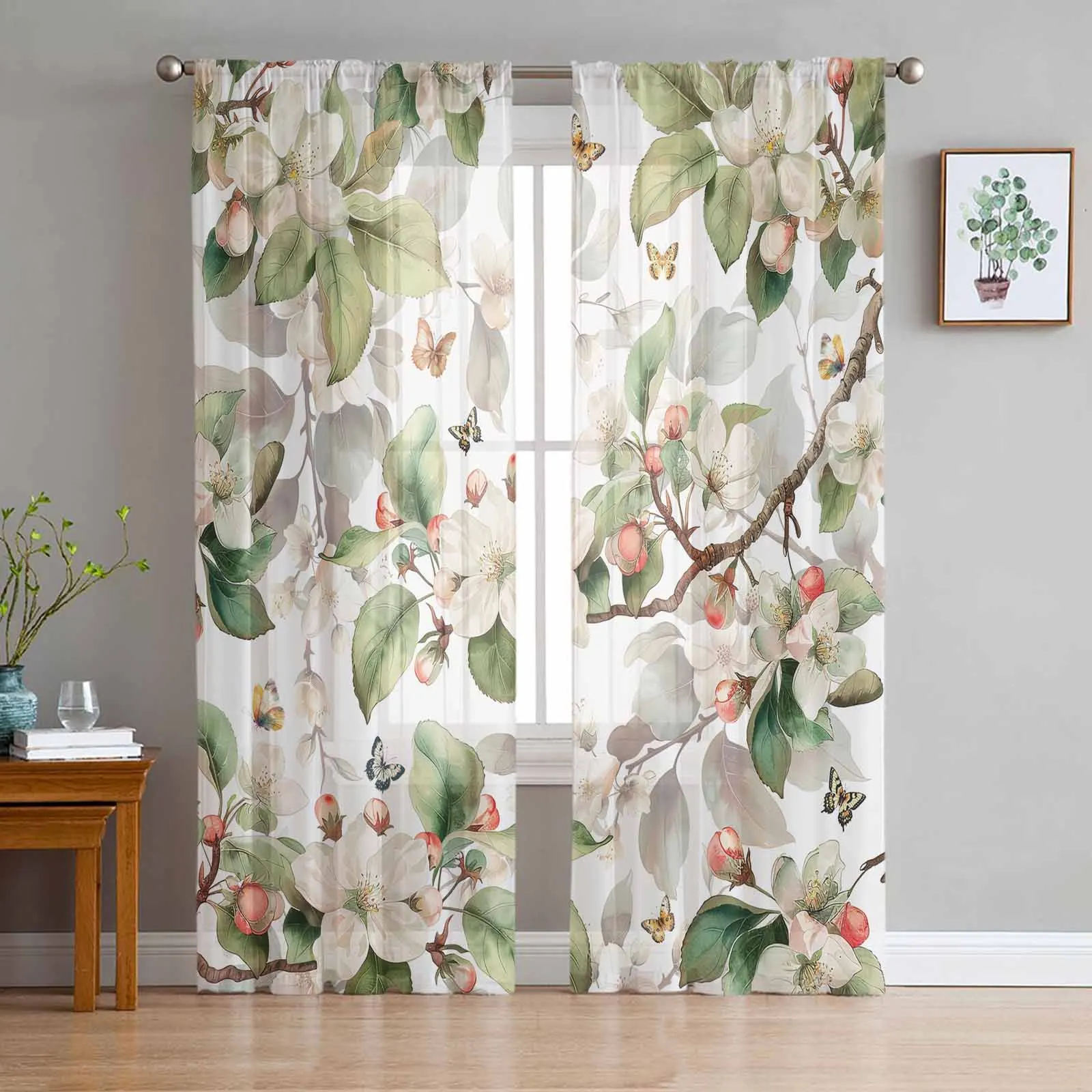 Butterfly Flowers Leaves Fruit Trees Sheer Curtains for Living Room Modern Home Decor Tulle Curtain Bedroom Voile Drapes