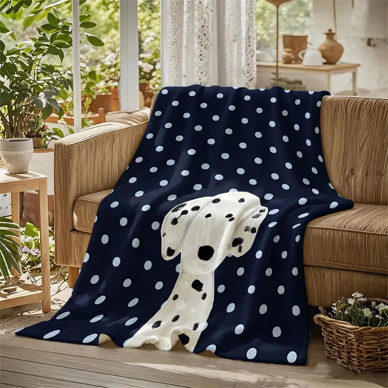Dalmatian Navy Polka Dots Flannel Blanket Perfect for Sofa Office Bed Travel Sleep Read Relax Camping Four Season Use