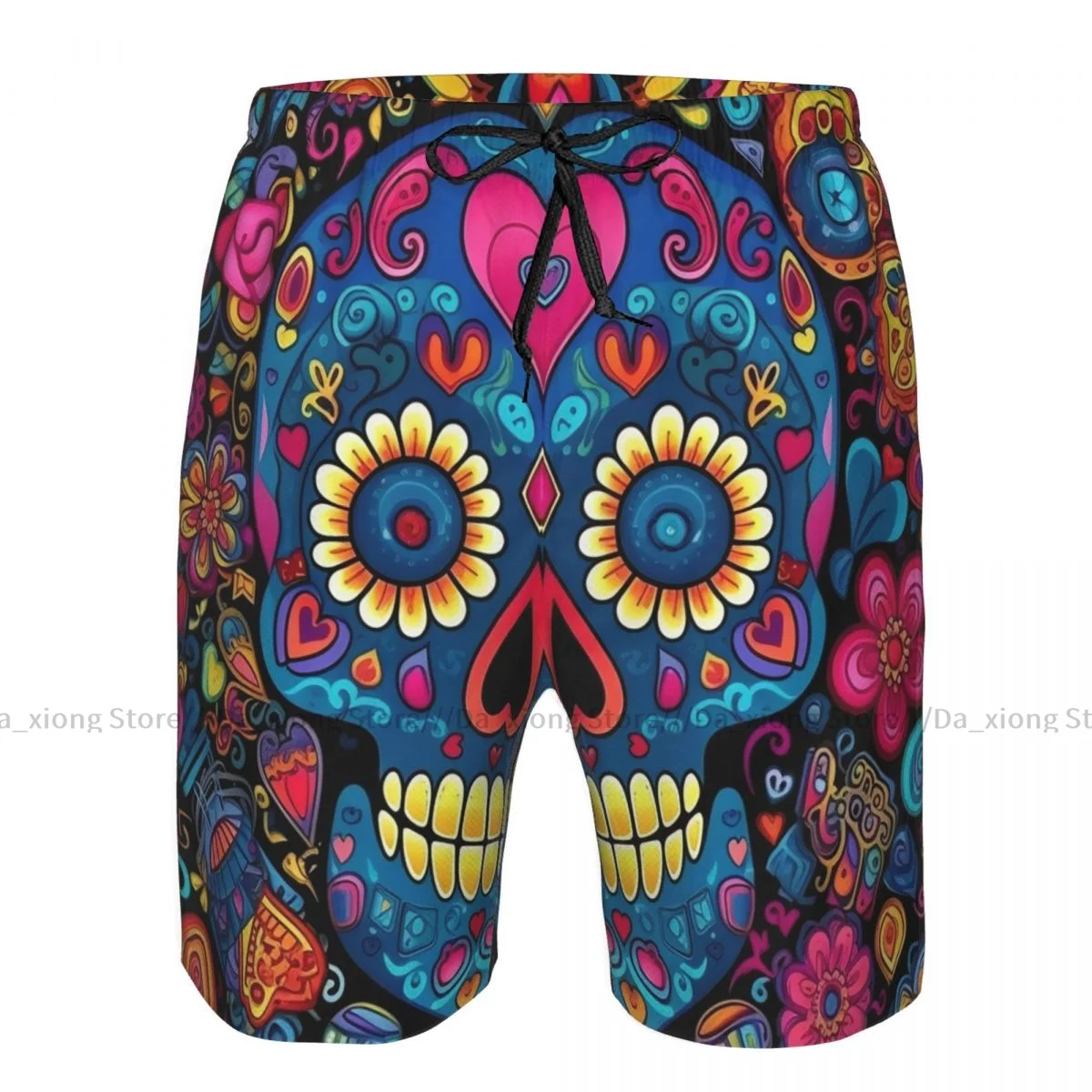 Mens Swimming Shorts Swimwear Day Of The Dead Skulls Acoustic Guitars Hearts Trunks Swimsuit Beach Wear Boardshorts