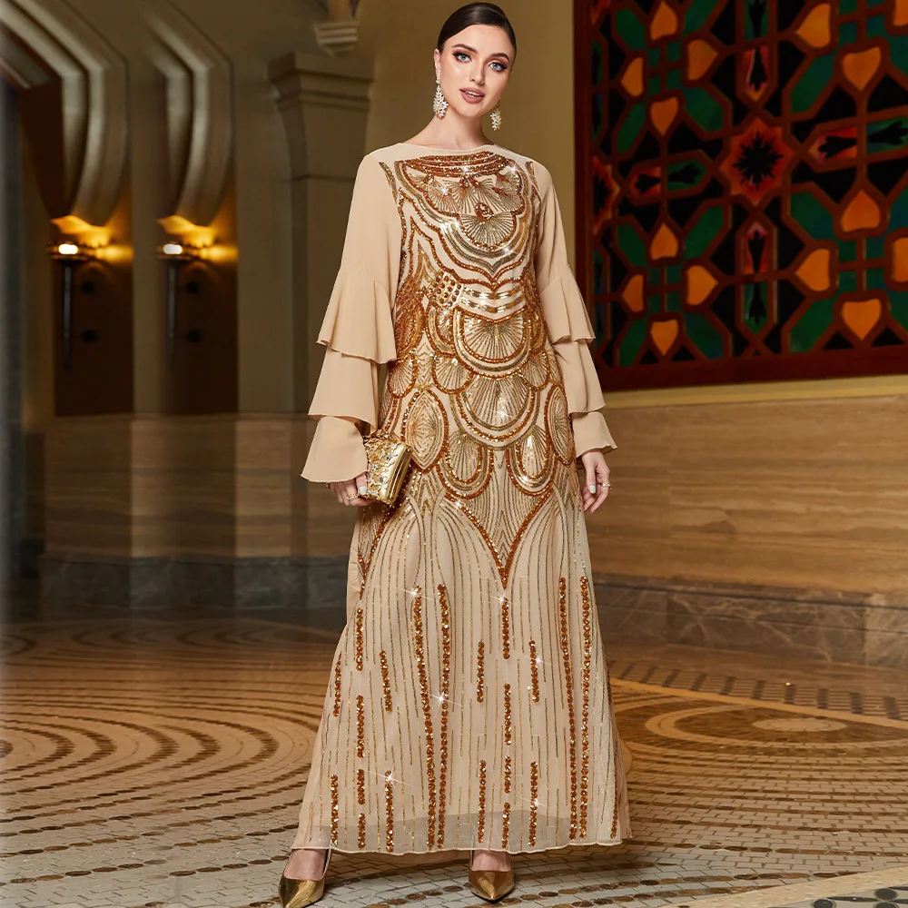 

Gorgeous Sequins Arabic Party Dress Tiered Ruflle Sleeves Women Arabian Moroccan Evening Gown Dubai Islam Muslim Ramadan Abaya