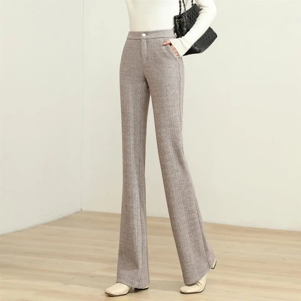 

Woolen Bell-bottom Pants for Women, High-waisted Brown Woolen Autumn and Winter Style High-waisted Slimming Wide-leg Trousers