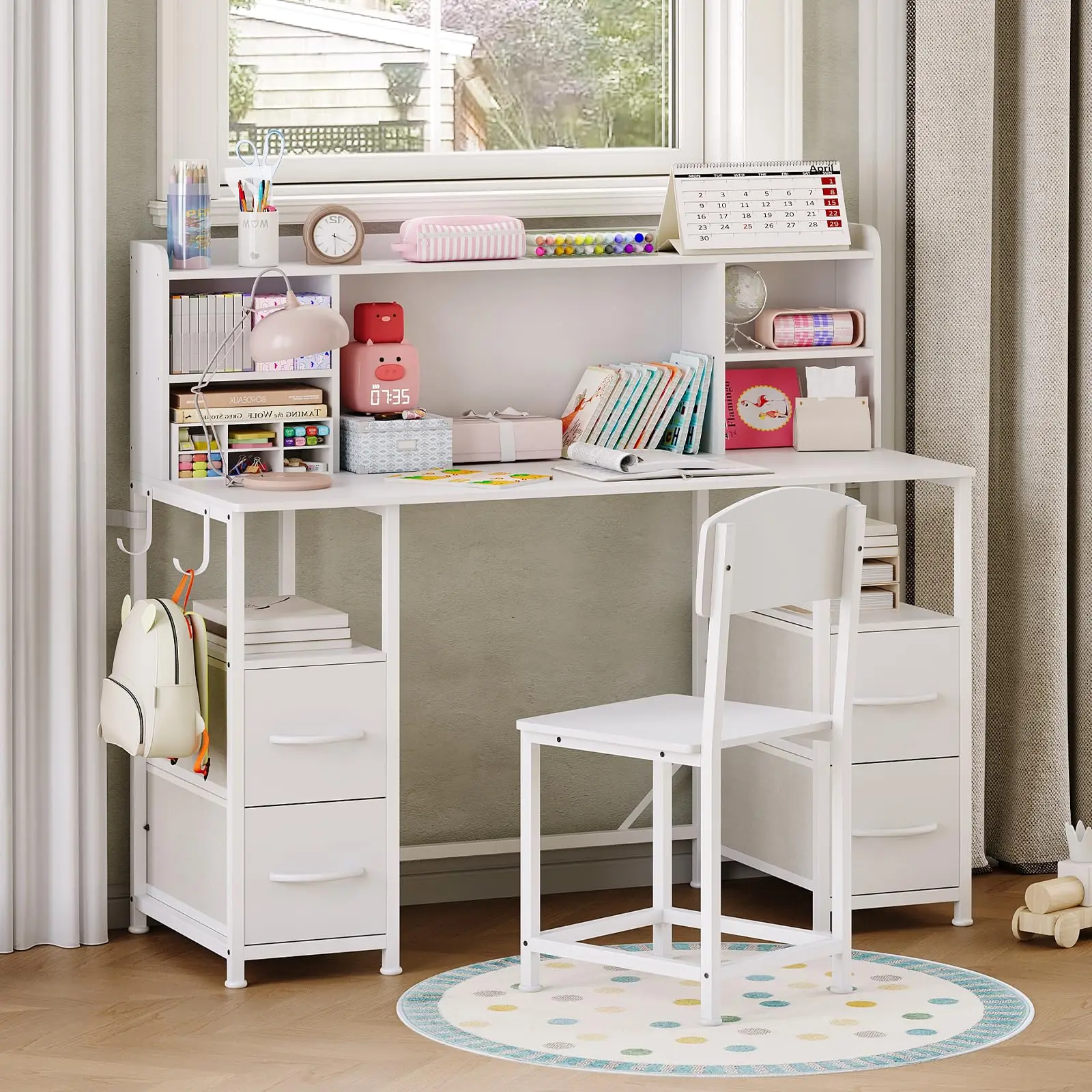 47.2in Kids Study Desk And Chair Set With Hutch, 4 Drawers, Storage Shelves, Hooks For Boys Girls Ages 6-12 Bedroom Playroom